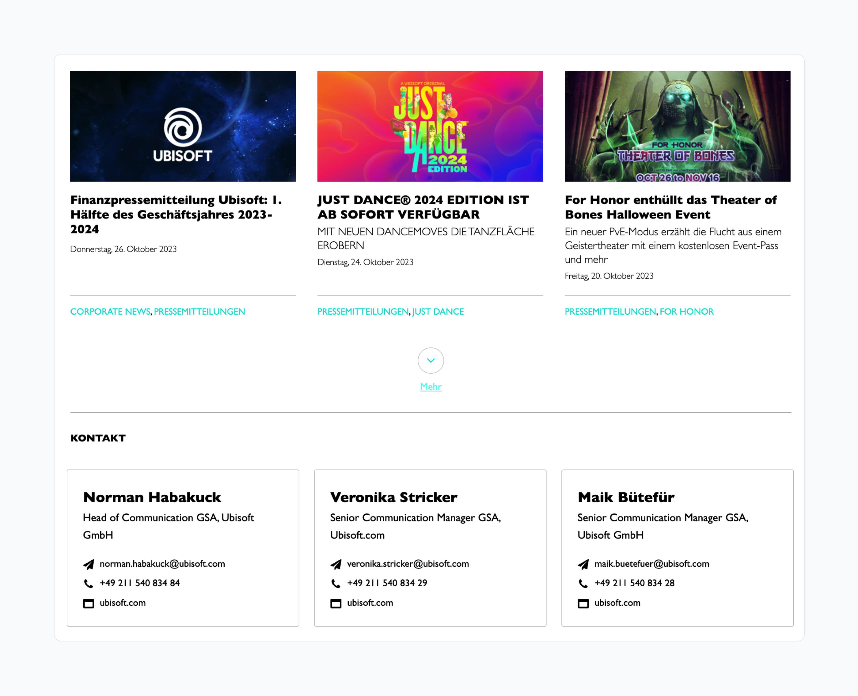 Ubisoft set their Prezly newsroom to show their key contacts at the bottom of each homepage. Ubisoft set their Prezly newsroom to show their key contacts at the bottom of each homepage.